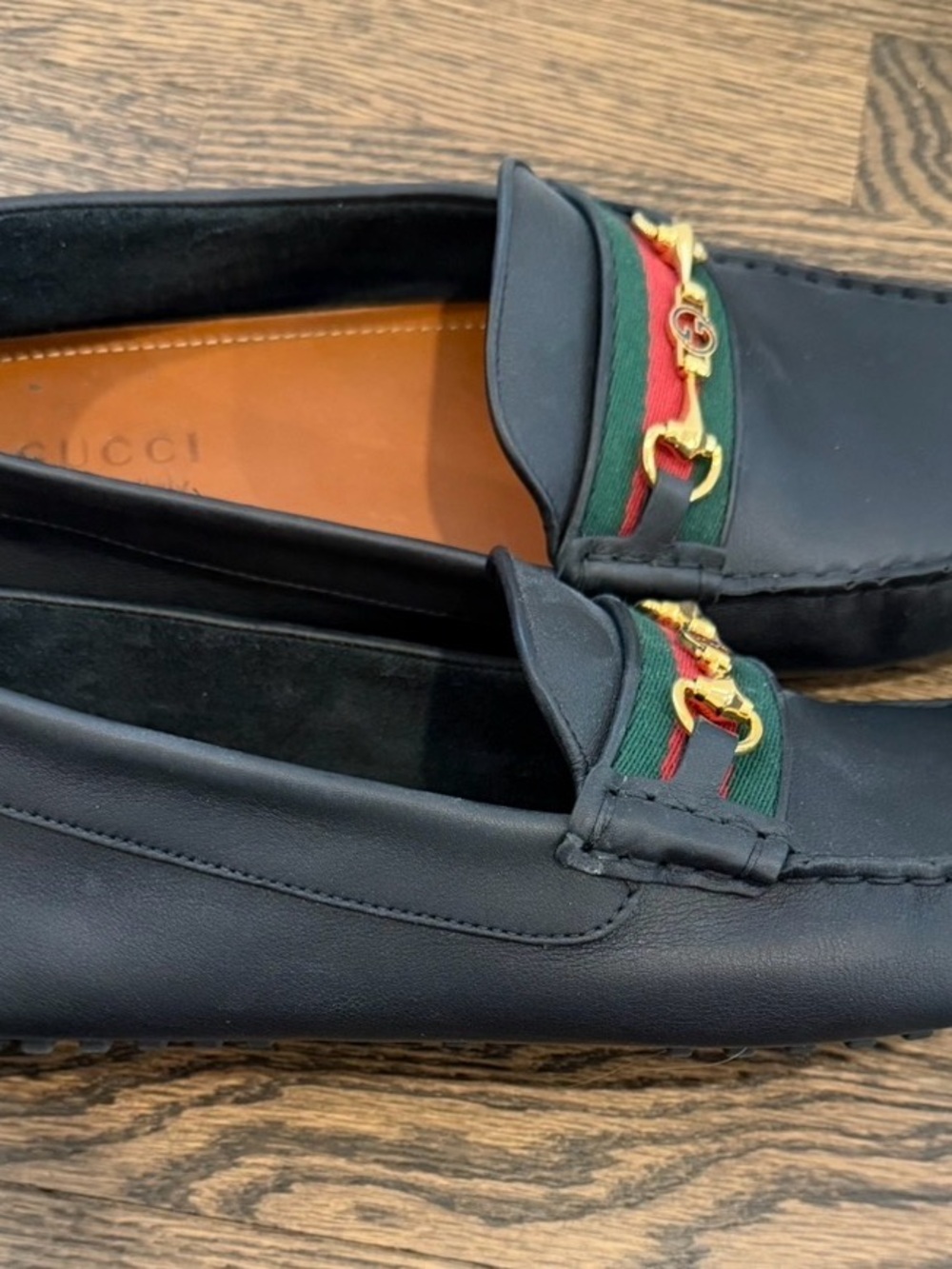 Gucci Black Leather Loafers with Green and Red Web & Gold Horsebit